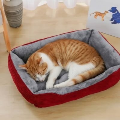 panier chat rouge brique et gris avec chat roux endormi
