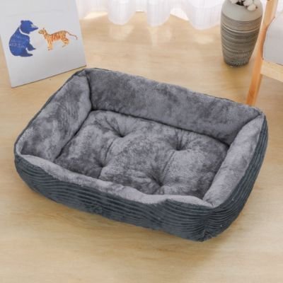panier chat design en velours gris avec coussin rembourré moelleux